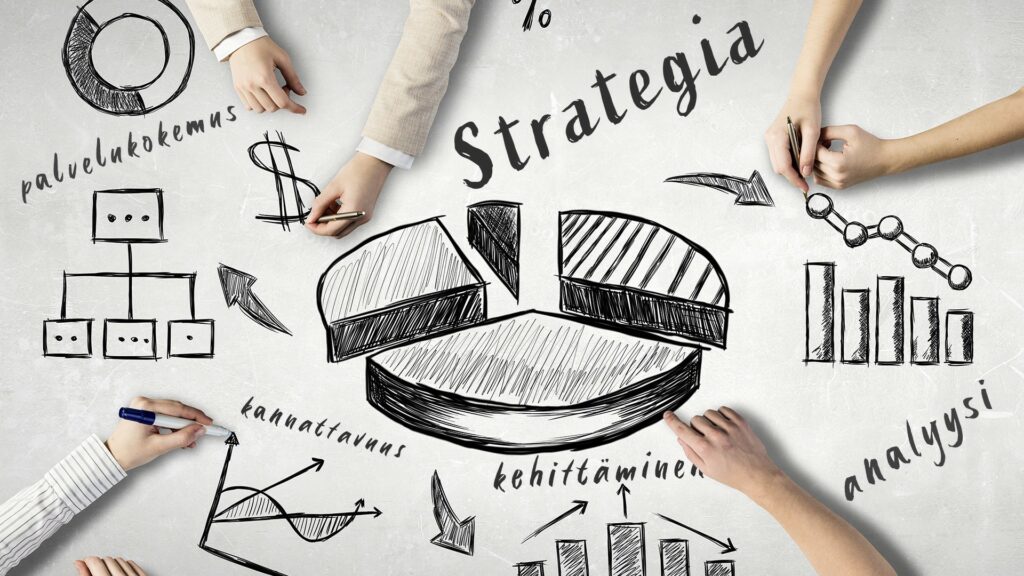 Strategiaa kuvaava kuva, jossa erilaisia diagrammeja ja kaavioita